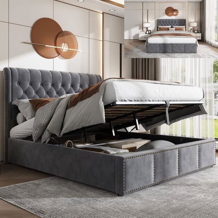 Lit Coffre Capitonné en Tissu gris - décoration de rivet - Sommier et tête - l 140 x L 200 cm - Rangement
