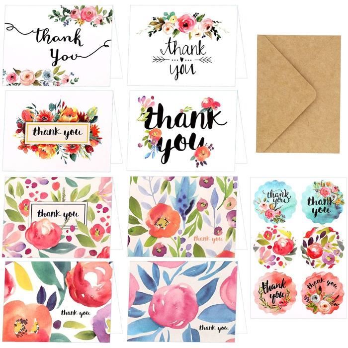 Cartes De Remerciement Florales Avec Enveloppes Et Autocollants - Lot De 8 Motifs Différents - Pour Enseignants, Mariage, Anniversaire, Diplôme