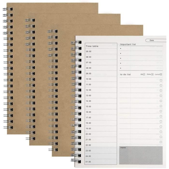 Cahier de Note Spirale,4pcs Papier Kraft Marron Manuels de Gestion du Temps  to Do List Planificateur Quotidien 19 x 13 cm