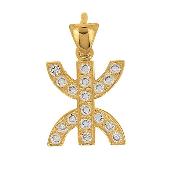 Pendentif Kabyle En Or Jaune 18 Carats Et Zirconiums+ Chaîne En Or Offerte