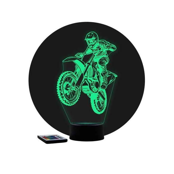 Lampe Illusion 3D Motocross 2 - Veilleuse LED 16 Couleurs avec Télécommande - Idée Cadeau Passionné Moto - Fabrication Française