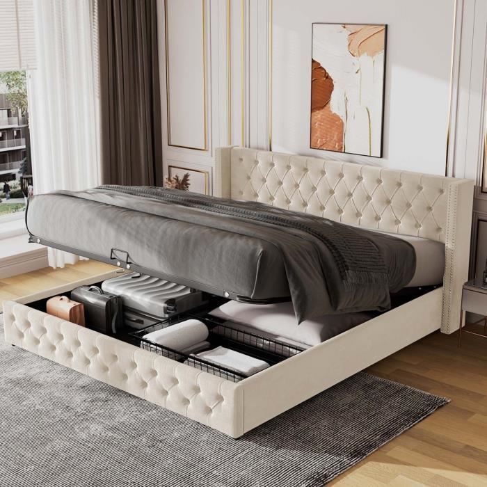 MODERNLUXE Lit coffre 180x200cm lit adulte sommier à lattes tissu en velours style contemporain beige