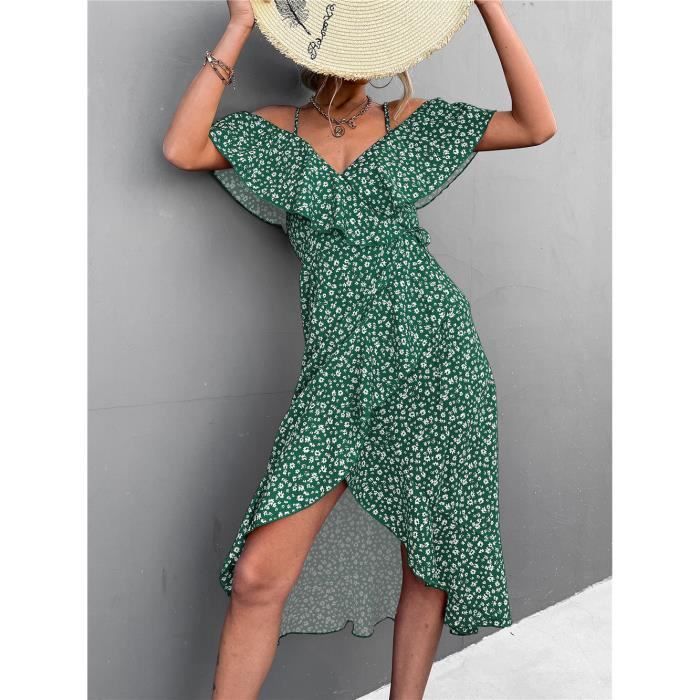 Robe longue asymtrique  fleurs pour femmes modle d't paule ...