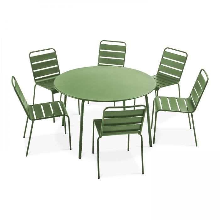 Table de jardin et 6 fauteuils - 120 x 72 cm - Acier - Palavas - Vert Cactus