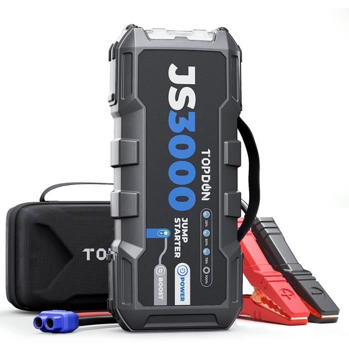 TOPDON Booster Batterie 3000A 24000mAh Démarreur de Batterie, JS3000 Portable Jump Starter pour Véhicule ( Jusqu’à 9L Essence /7L