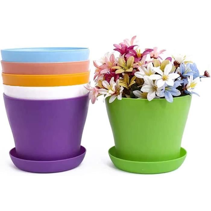 Alwaiiz 6 Soucoupes Pots De Fleurs Rondes Noires + 6 Étiquettes Colorées – Plastique Robuste, Anti-Fuite, Pour Plantes Intérieur & Extérieur