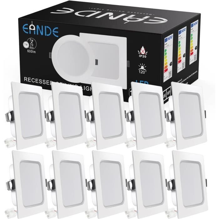 Lot De 10 Spots LED Encastrables Extra Plats Dexnump 7W 700lm - Équivalent 70W - IP44 Argent Blanc Froid 6000K Pour Salle De Bain, Cuisine, Salon