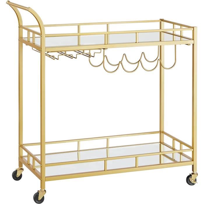 VASAGLE Desserte pour Boissons Chariot à roulettes 2 Niveaux en Verre Réfléchissant avec Porte-Bouteilles Salle à Manger Doré