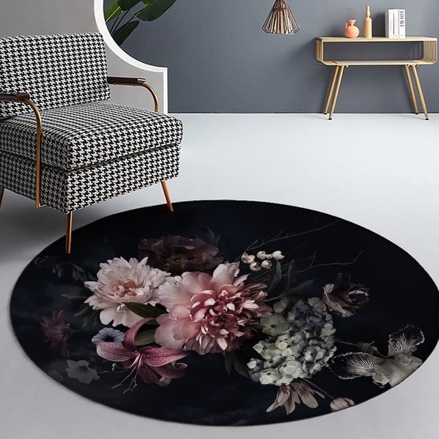 Tapis Rond Salon Noir à Motif Pivoine - Diamètre 180 Cm - Antidérapant, Lavable - Pour Chambre, Cuisine, Salon, Intérieur/Extérieur