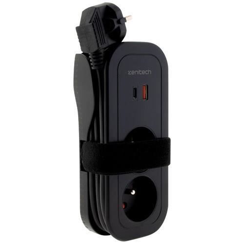 Zenitech Bloc nomade 4 prises Mundo - 2 ports USB - noir