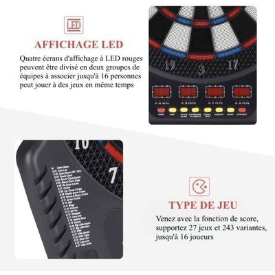 Cible Fléchettes Électronique Avec Armoire - 27 Jeux, 243 Variantes, Jusqu'à 16 Joueurs, Écran LED, Fléchettes Souples Incluses