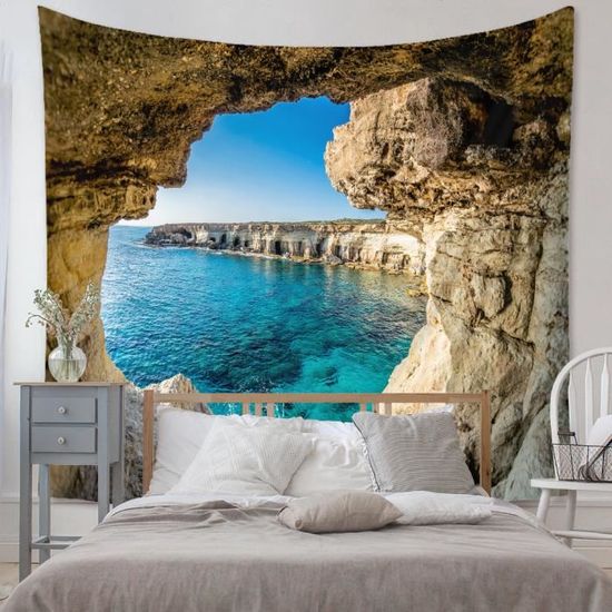 Tenture Murale Fenêtre Vue Mer Avec Mouettes 130x150cm - Décoration 3D Salon Chambre