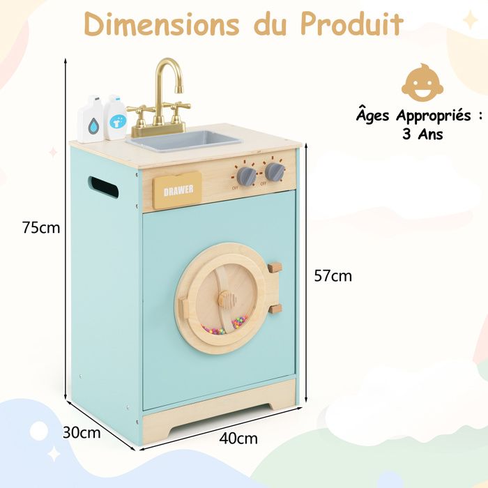 Kit Machine à Laver Jouet En Bois Pour Enfants - Avec Détergent Et Désinfectant, évier, Tiroir, à Partir De 3 Ans