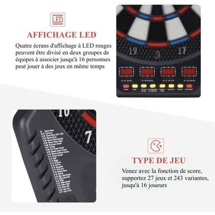 Cible De Fléchettes Électronique Murale - 27 Jeux, 243 Variantes, Jusqu'à 16 Joueurs Jeu Fléchettes électronique Mural