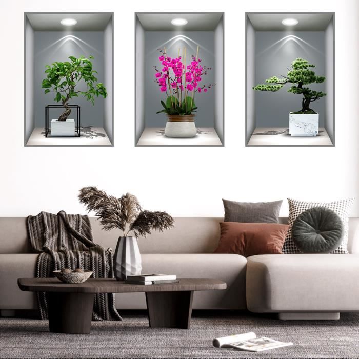 ESFIVHO Lot de 3 stickers muraux - Effet 3D - Vase - 56 x 28 cm -  Autocollant mural avec fleurs, plantes vertes, arbre bonsaï - Pour bureau,  chambre