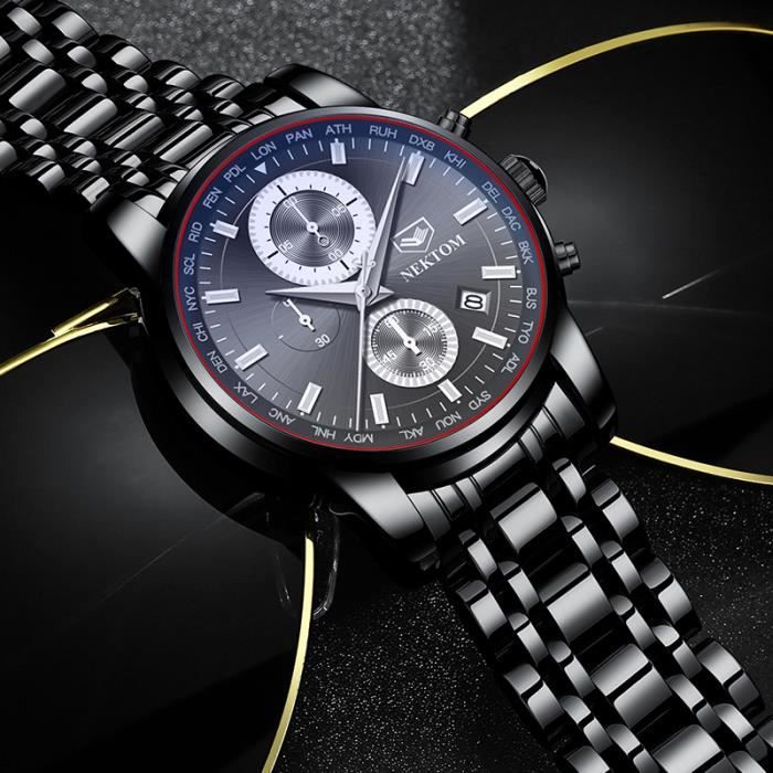 Montre Homme Quartz Noir Cadran Noir - Bracelet Acier, étanche 3ATM, Affichage Lumineux - Neuve Avec Boîte
