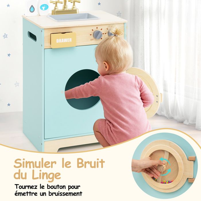 Jeu de Lavage en Bois pour Enfants Machine à Laver Jouet avec Bouteille de Détergent Fer à Repasser Cintres et Tiroir en Tissu pour Rose