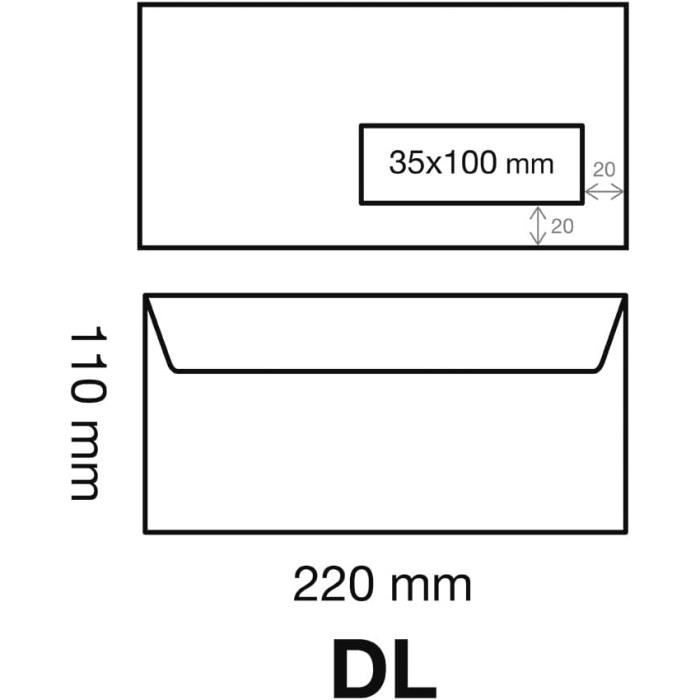 Enveloppe DL - 110 x 220 mm - 90g blanc - sans fenêtre - autocollante  protégée