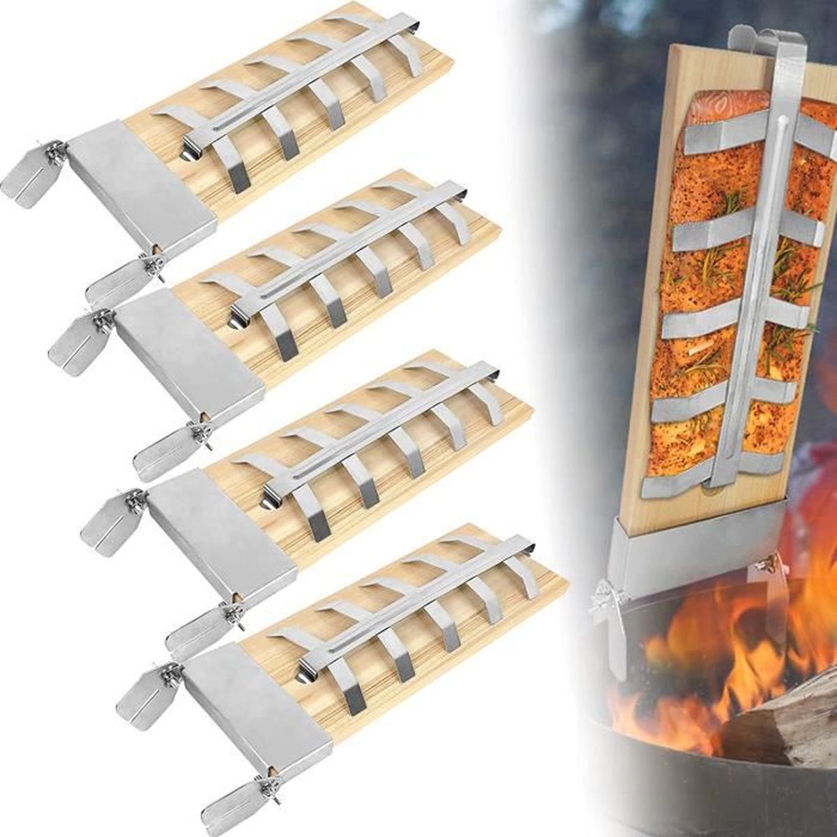 Lot De 4 Planches à Saumon Au Cèdre + Supports Inclinables Inox - BBQ Flambé Parfait Pour Poisson