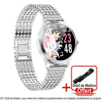 Montre Connectée Femme Ronde Bracelet Diamanté Strass Scintillant Alliage Autonomie 10 Jours Smartwatch Sport Étanche IP68 - Argent
