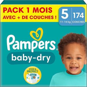 COUCHE Couches Jetables Bébé - Baby-dry Taille 5 (11-16 Kg) 174 Couches Pack 1 Mois Jusqu à 12h Bien Sec Poche Stop & Protect