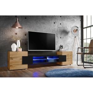 MEUBLE TV Banc TV Merano Version 1 Komodee - LED Bleues - Noir Brillant et Bois naturel - 230 x 53 x 35 cm