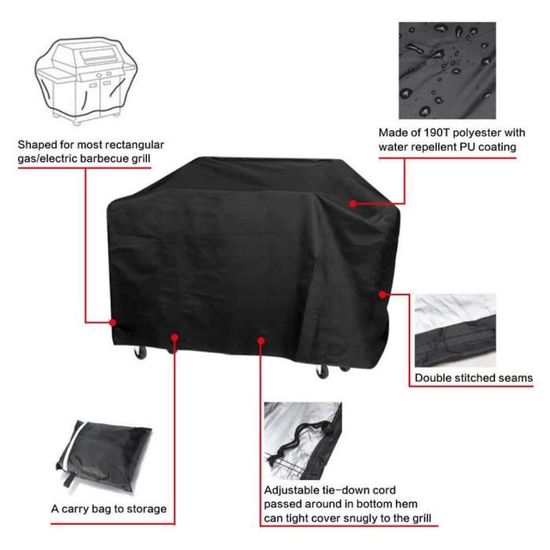 Housse De Protection Imperméable Pour Barbecue - Taille S (145x61x117 Cm) - Polyester - Noire - Avec Sac De Rangement
