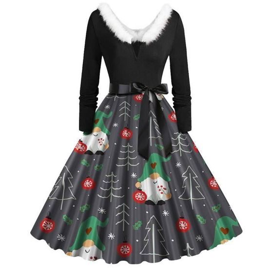 Robe De Noël Femme Vintage - Manches Longues, Col Carré, Imprimé 3D Festif, Pour Soirée Cocktail - 3