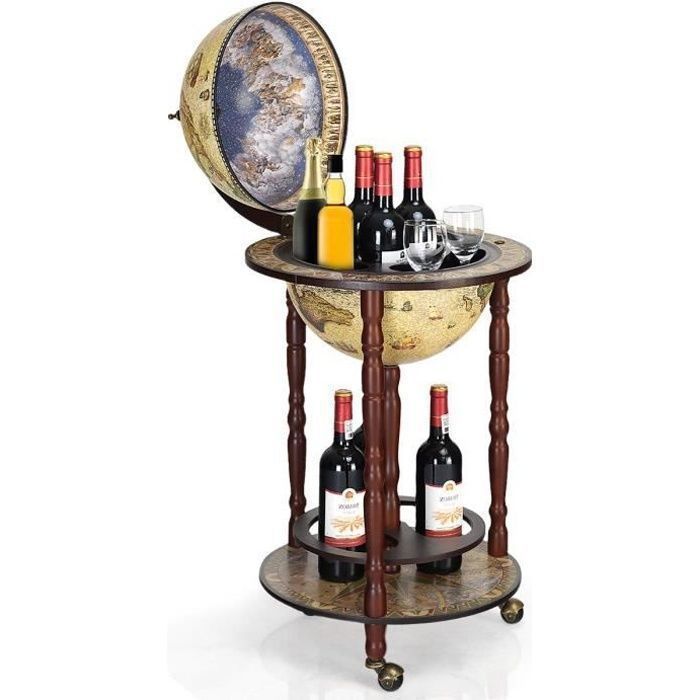 Bar Globe Terrestre Mappemonde en Bois d'Eucalyptus, Support de Vin sous Forme de Globe Bois, Monté sur Roues, Style Ancient