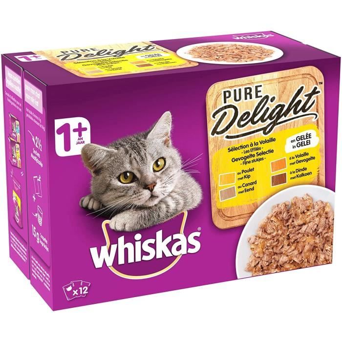 Whiskas Pure Delight - Sachets fraîcheur pour chat adulte, sélection à la volaille en gelée, 48 sachets repas de 85g