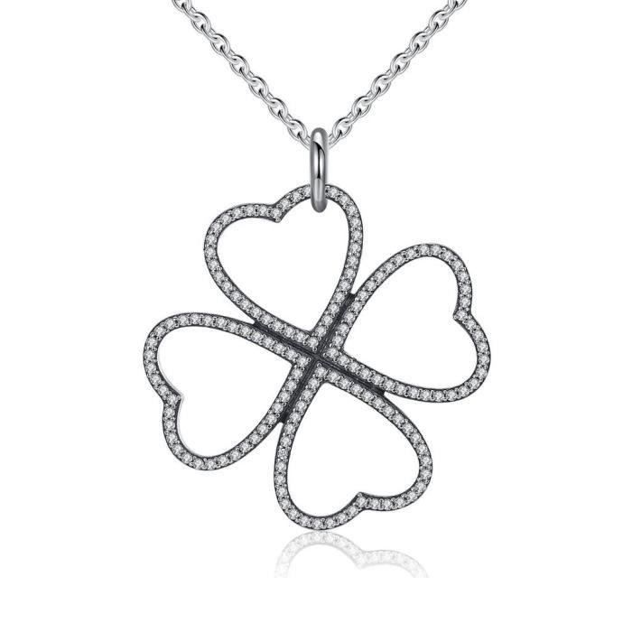 Pétales de trèfle à 4 feuilles Porte-Bonheur d'amour Collier Argent