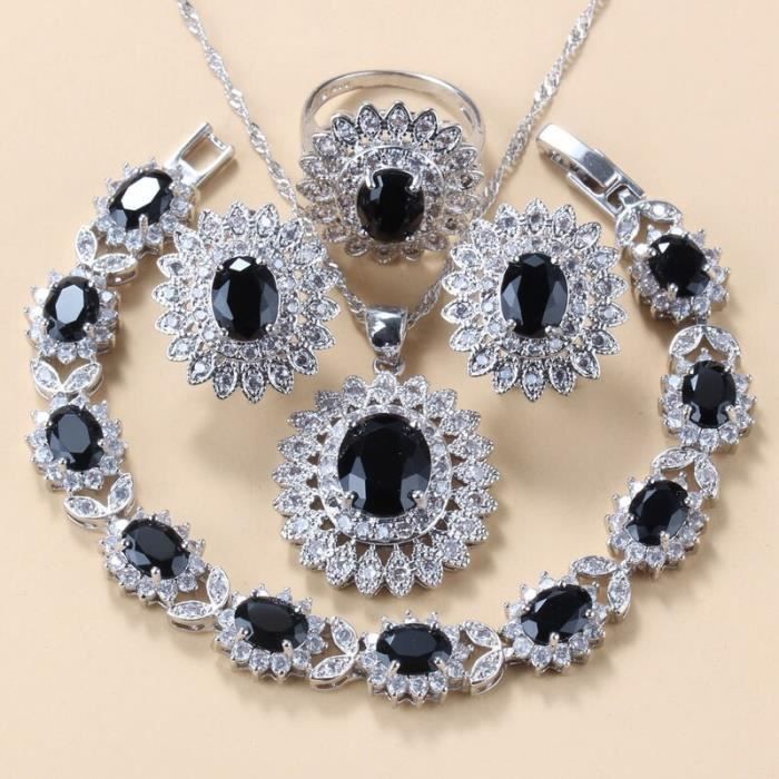 925 argent mode bijoux ensembles femmes accessoires noir cubique zircone tournesol Clip boucles d' oreilles collier B*SD3606