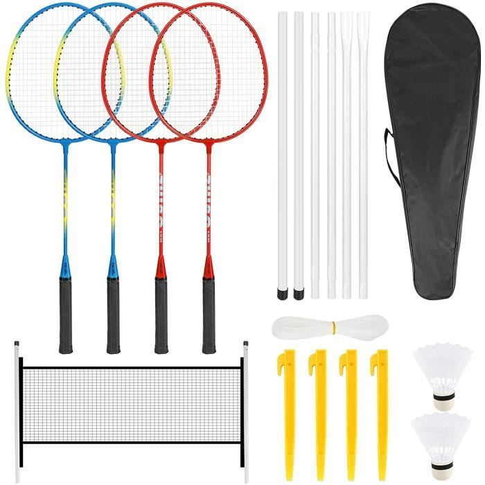 Ensemble de raquettes de badminton complet de raquettes de badminton avec 2 volants, 4 raquettes, 4 clous, un filet et 6 poteau