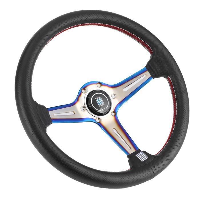 Drfeify Remplacement du volant 350mm /14 po Volant de Course Demi-Plat en Cuir Perforé Noir à 6 Boulons avec Corne pour NARDI