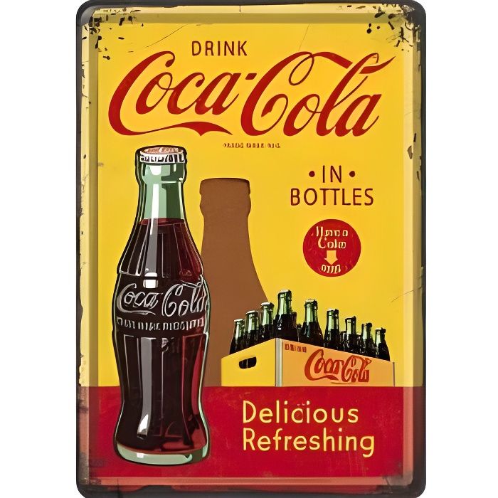 Plaque en métal 14 X 10 cm : Coca-Cola & casier de petites bouteilles