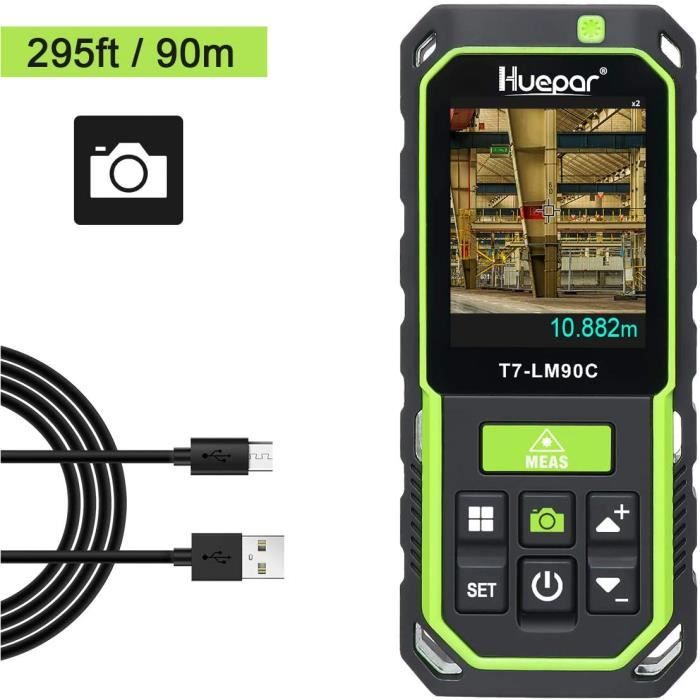 Huepar Télémètre Laser avec Caméra Zoom 2X/4X Mesure Distance Laser Haute Précision 90M 17 Modes de Mesure Capteur Inclinaison-LM90C