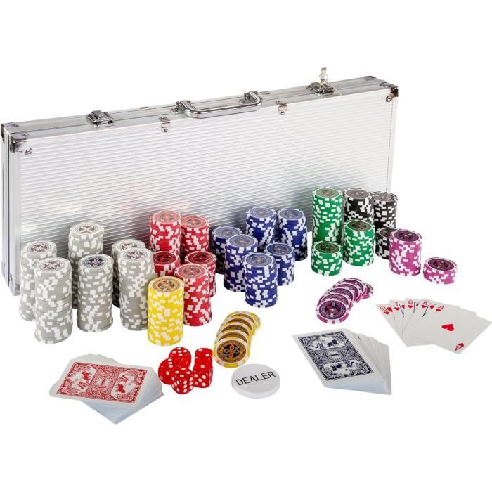 Mallette professionnelle de poker Coffret de poker ultime - 500 jetons laser 12 g avec insert en métal - 2 jeux de cartes - 5 dés -