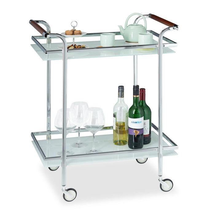 Relaxdays Desserte de Cuisine verre opale, 2 étages, Table Roulante, Chariot de Service, roulettes, 85x66x43 cm, argent -