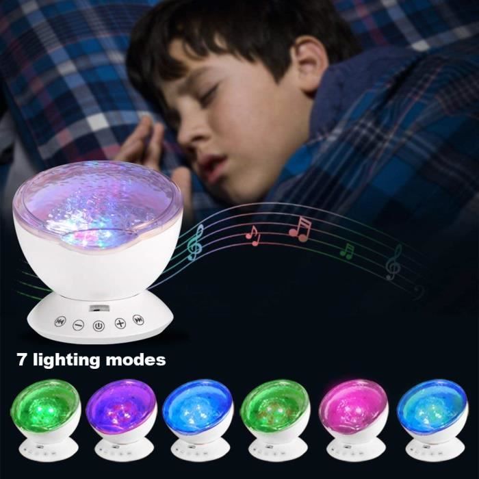 Lampe Projecteur LED, Simulation des Vagues Océan 7 Modes Veilleuse Enfant avec Télécommande Mini Enceinte Intégrée (Blanc)