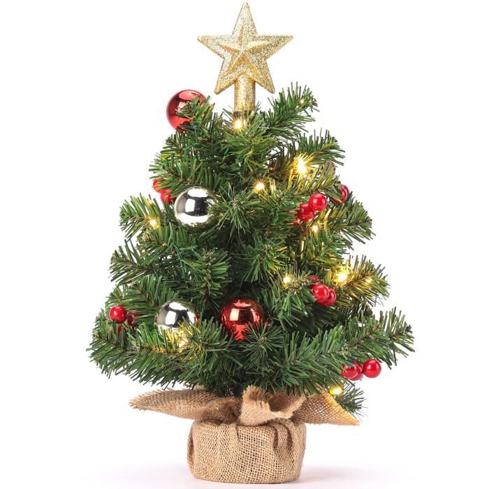 Yorbay Sapin de Noël Artificiel mini, 40 cm Petit Sapin de Noël de Table LED 2.8m Guirlandes Lumineuses, 10 Boules de Noel et Etoile