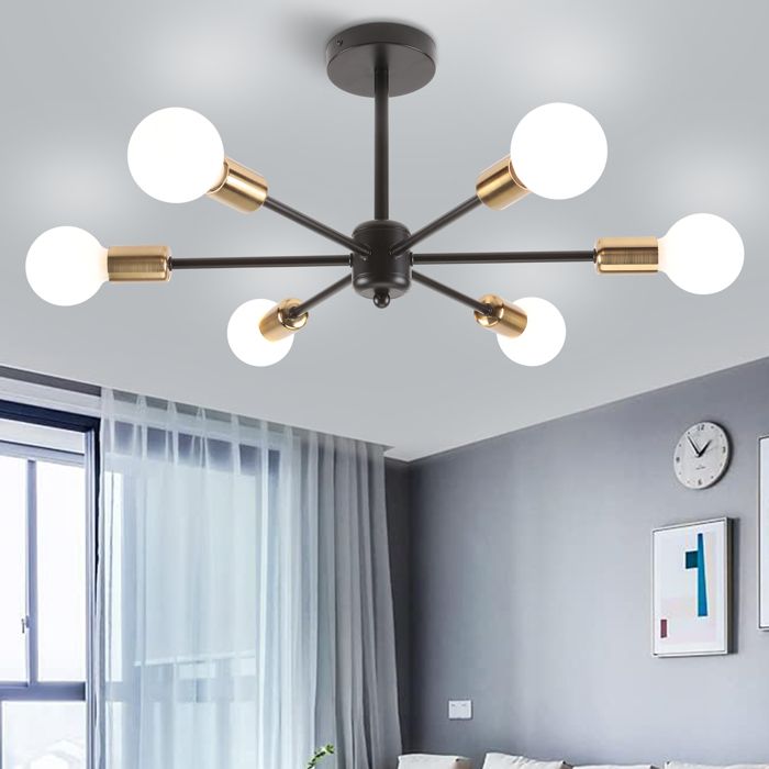 Plafonnier Industriel Rétro 6 Têtes E27 Base TOKIUS Lustre Luminaire Vintage en Metal Lampe Plafond Noir et or