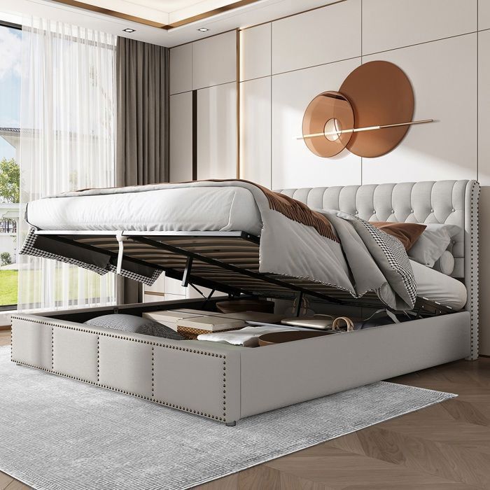 Lit coffre Lit rembourré rangement ornementation de rivets Lit adulte 180 x 200 cm Gris clair Lit coffre Lit rembourré rangement ornementation de rivets Lit adulte 180 x 200 cm Gris clair