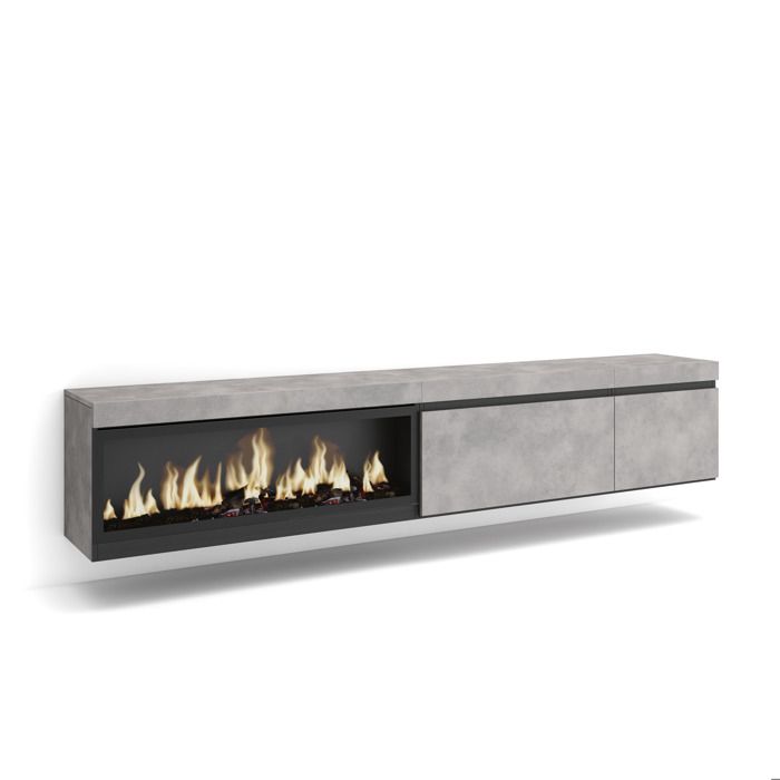 Meuble TV Banc Télé 237x35x45 cm TV grand format Cheminée électrique XXL Suspendu Mural Ciment RF3587