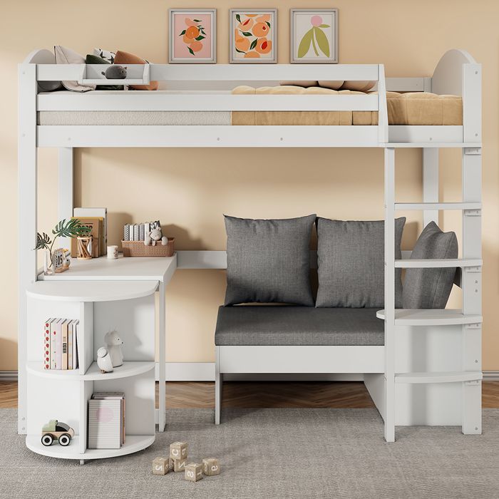 Lit mezzanine 90×200 cm avec une échelle une table extensible un canapé et trois coussins avec étagères de rangement Blanc