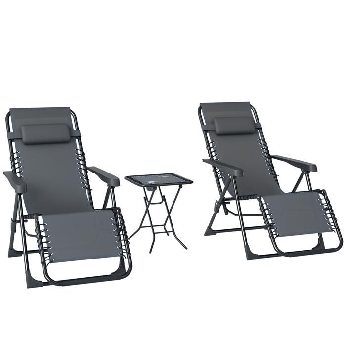 Lot de 2 chaise longue pliable et inclinable avec table dappoint - Outsunny - porte-gobelets et appuie-têtes - charge 120 kg - gris