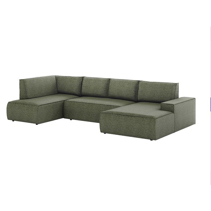 Grand canapé dangle droit panoramique convertible en tissu texturé vert AMELIA