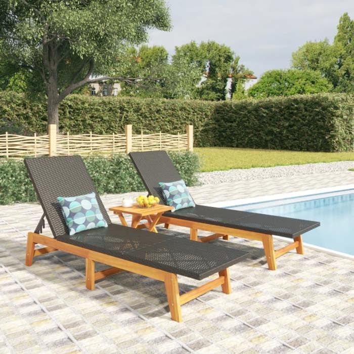 (Noir)Chaises longue contemporain - SIGNOR - Transat de soleils lot de 2 noir/marron résine tressée/bois acacia 640040
