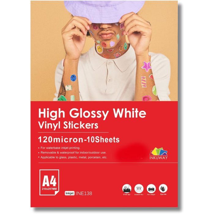 White Sticker Inject Inkuway A4 Glossy Vinyl Sticker Inkjet Printable Film Waterproof ...
