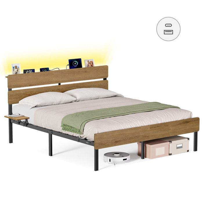 Cadre de Lit 160x200 - VASAGLE - LED - USB - Rangement - Style Industriel - Marron Naturel Cadre de Lit 160x200 - VASAGLE - LED - USB - Rangement - Style Industriel - Marron Naturel