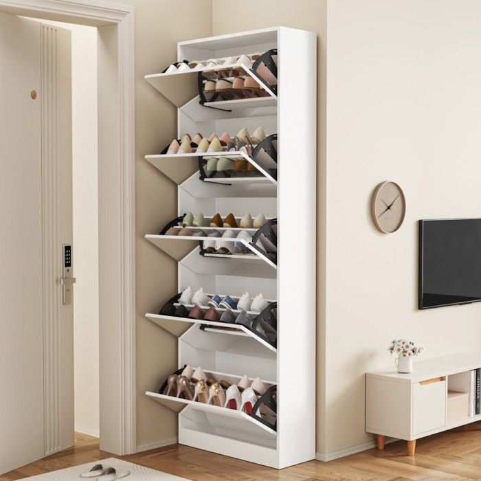 Meuble à chaussures blanc 5 tiroirs pliants 2 niveaux miroir pour entrée - Rangement indépendant pliable Meuble à chaussures blanc 5 tiroirs pliants 2 niveaux miroir pour entrée - Rangement indépendant pliable